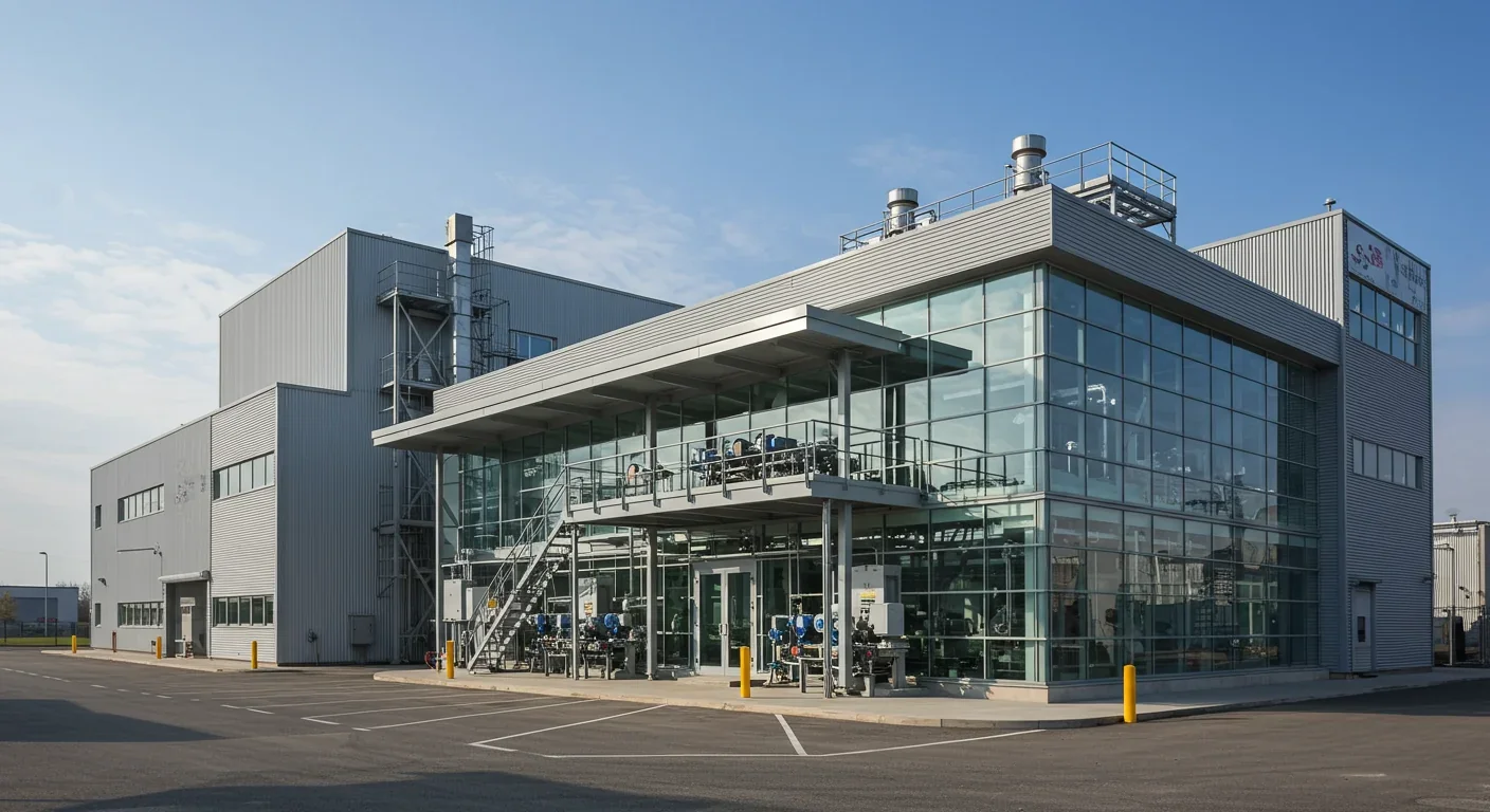 Modern enzymatic recycling facility exterior showing industrial processing equipment