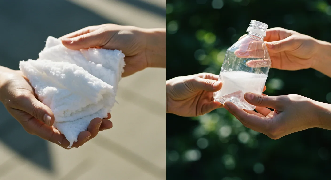Hands displaying virgin-quality recycled polyester fabric and bottle