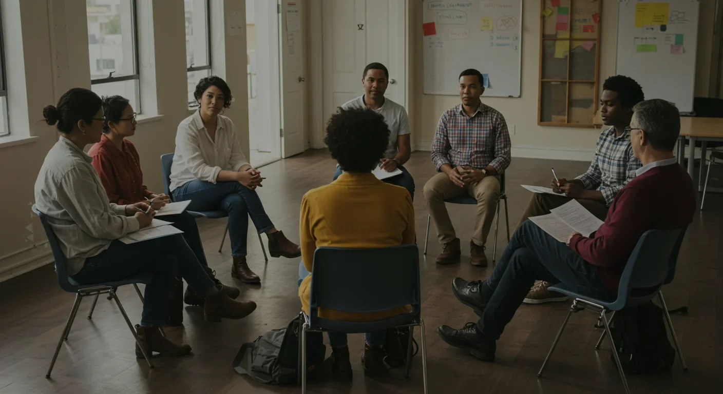 Diverse group collaborating in community setting, demonstrating cultural mechanisms of large-scale cooperation