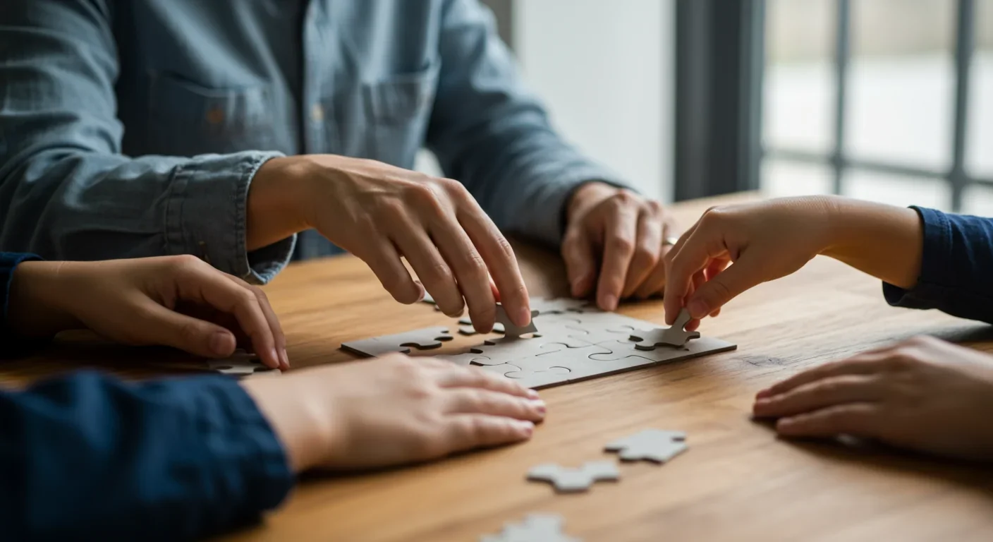 Adult and child hands working together on puzzle, representing cultural transmission of cooperative norms