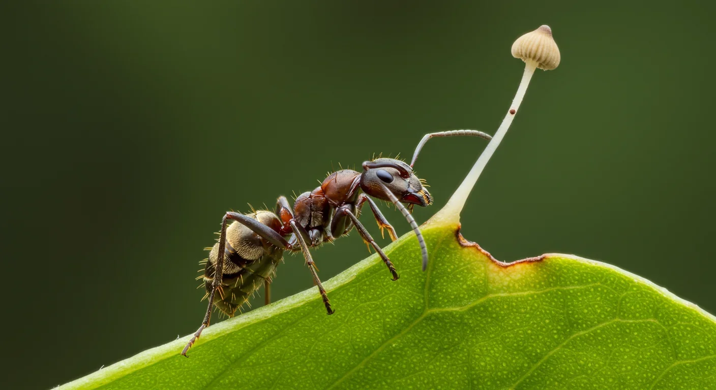 Zombie ant infected by Ophiocordyceps fungus demonstrating parasite behavioral manipulation