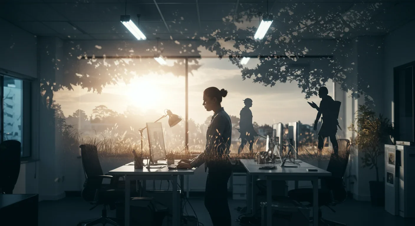 Modern office worker juxtaposed with hunter-gatherer silhouette representing evolutionary mismatch between ancestral biology and contemporary lifestyle