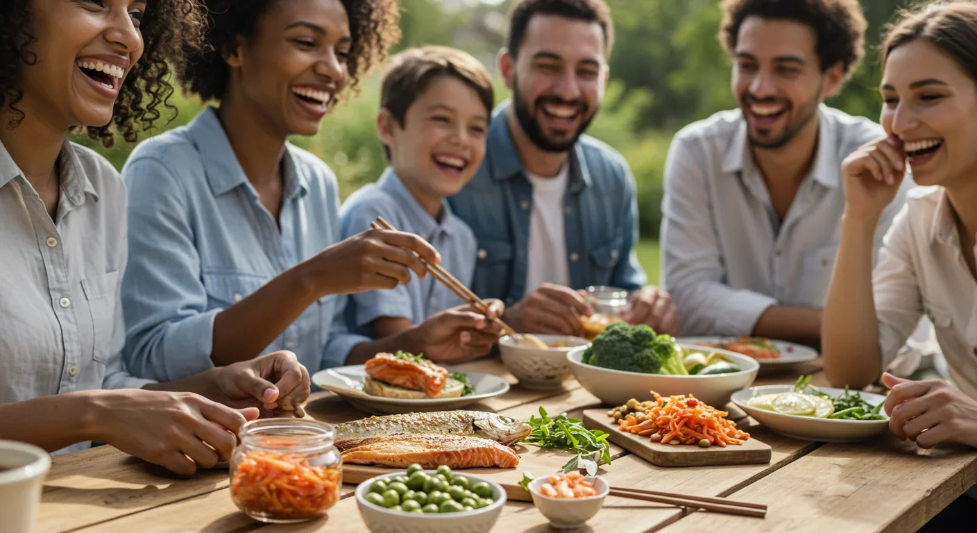 Multi-generational group sharing a whole-food meal outdoors, demonstrating ancestral eating patterns and social connection