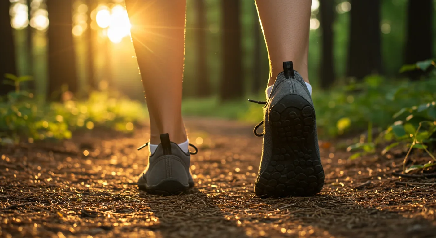 Person in barefoot shoes walking forest trail at sunrise with fitness tracker, blending ancestral movement with modern technology