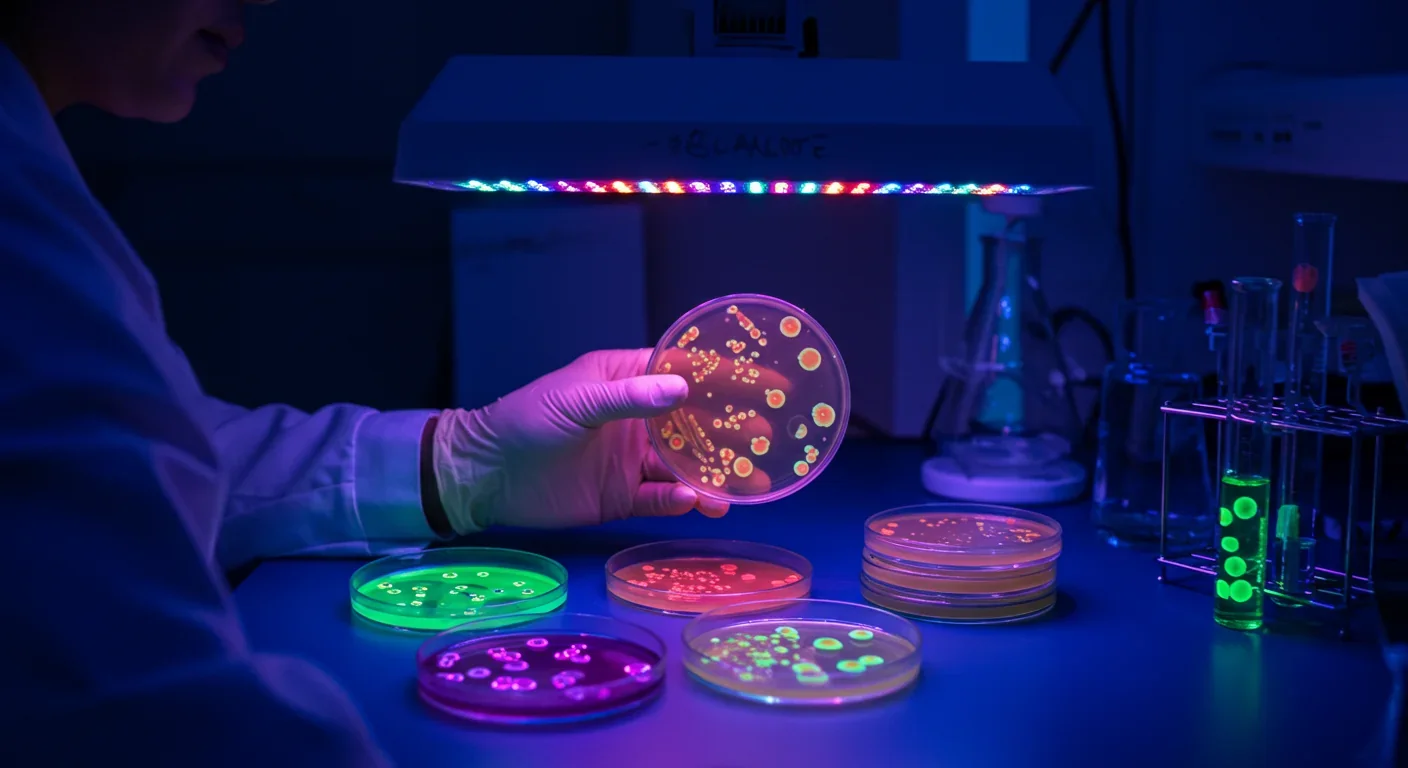 Laboratory researcher examining colorful extremophile bacterial cultures glowing under UV light