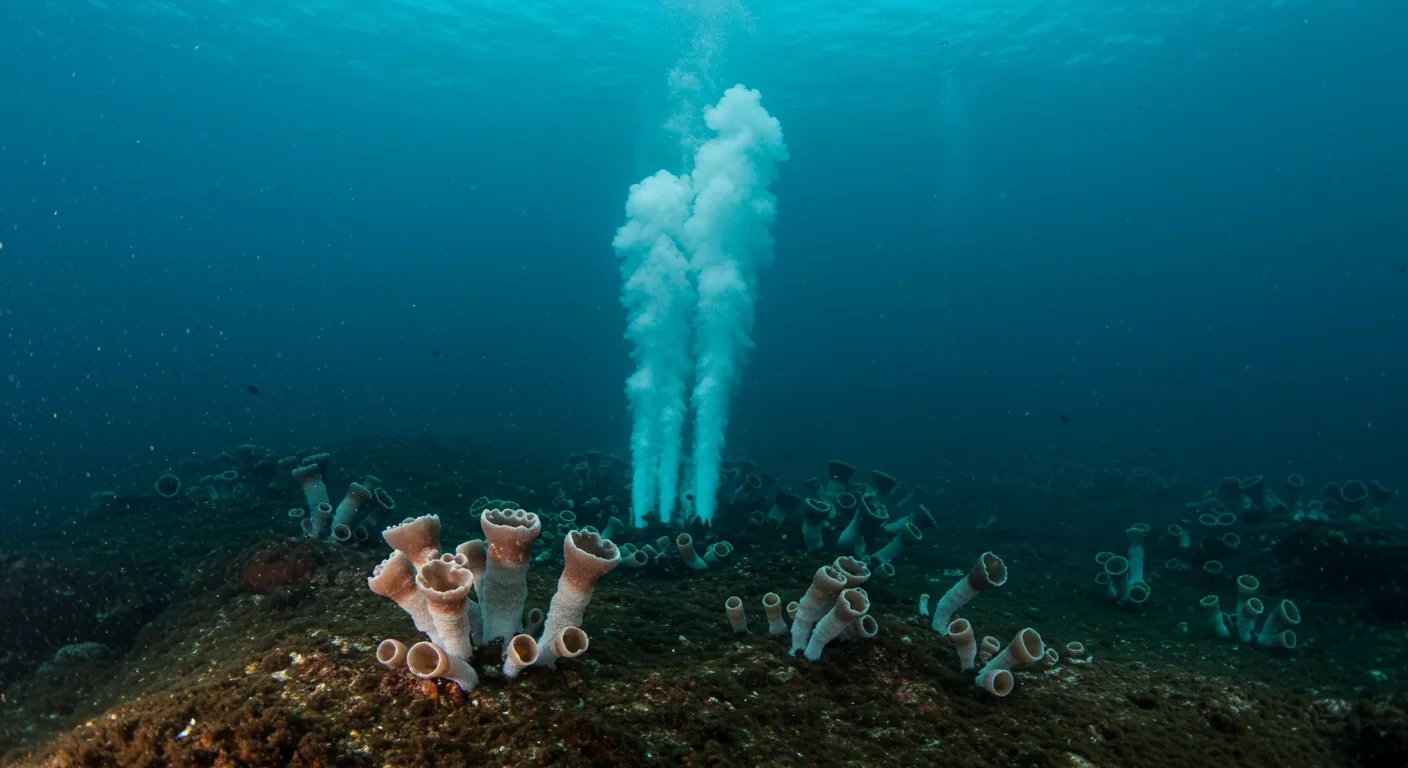 Deep-sea hydrothermal vent with white smoker emissions surrounded by unique extremophile marine life