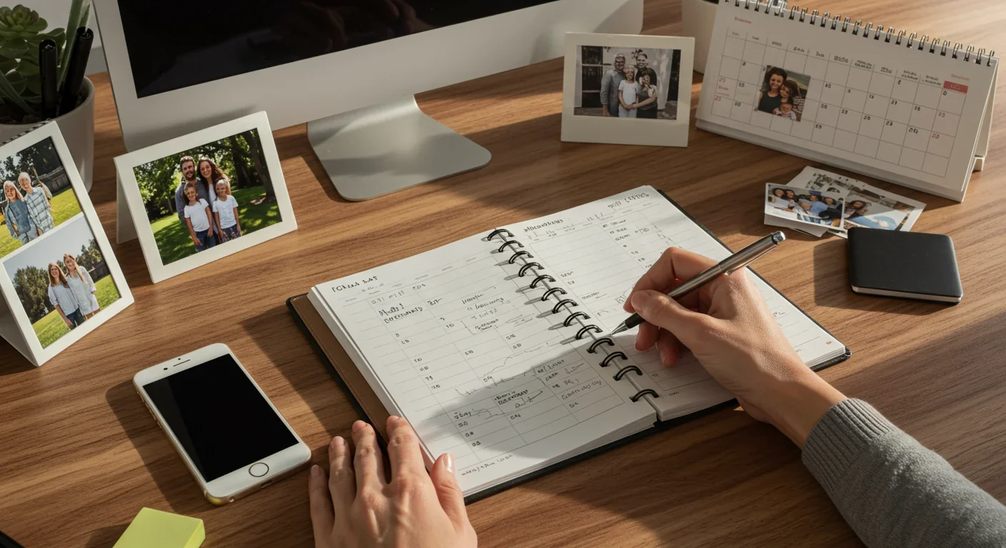 Person documenting memories in journal surrounded by photos and memory preservation tools