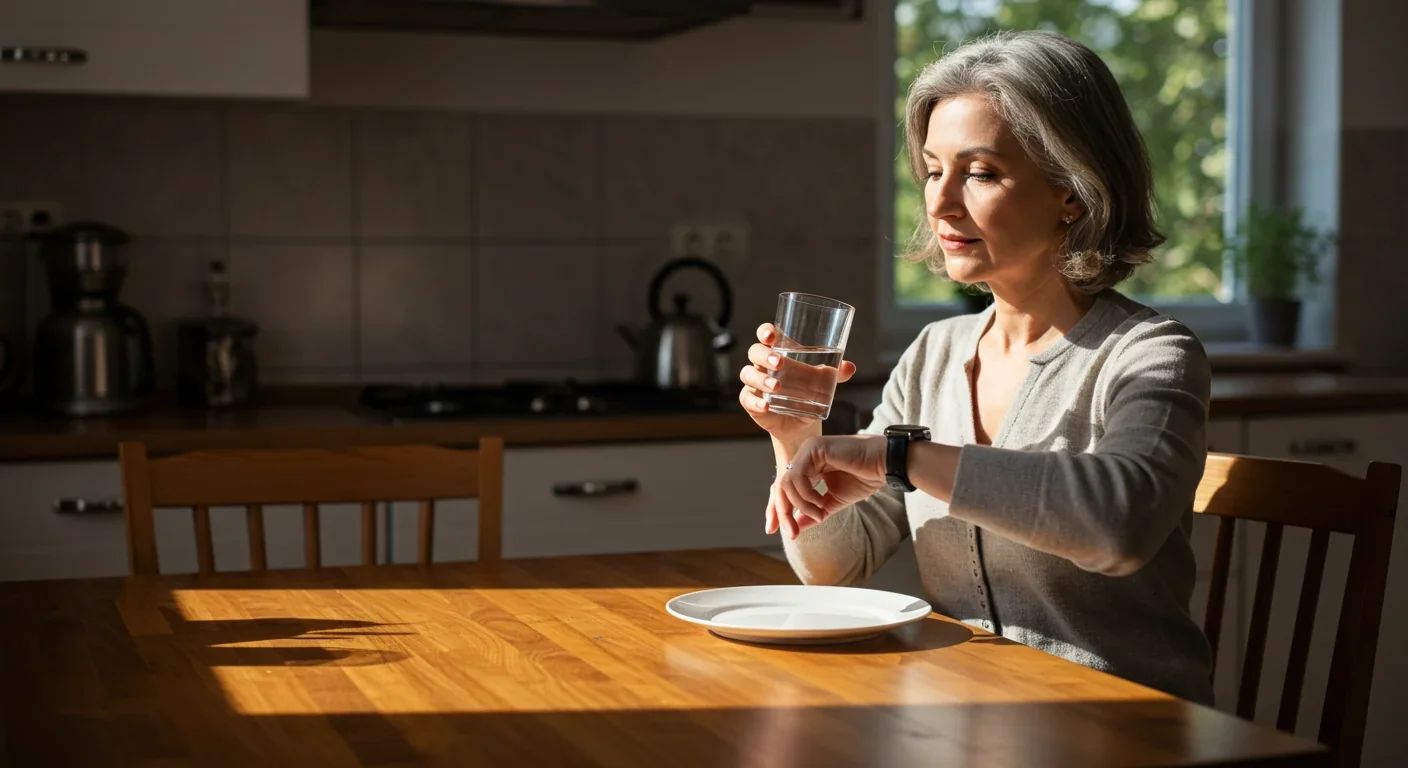 Woman checking watch during morning intermittent fasting window with water glass on kitchen table