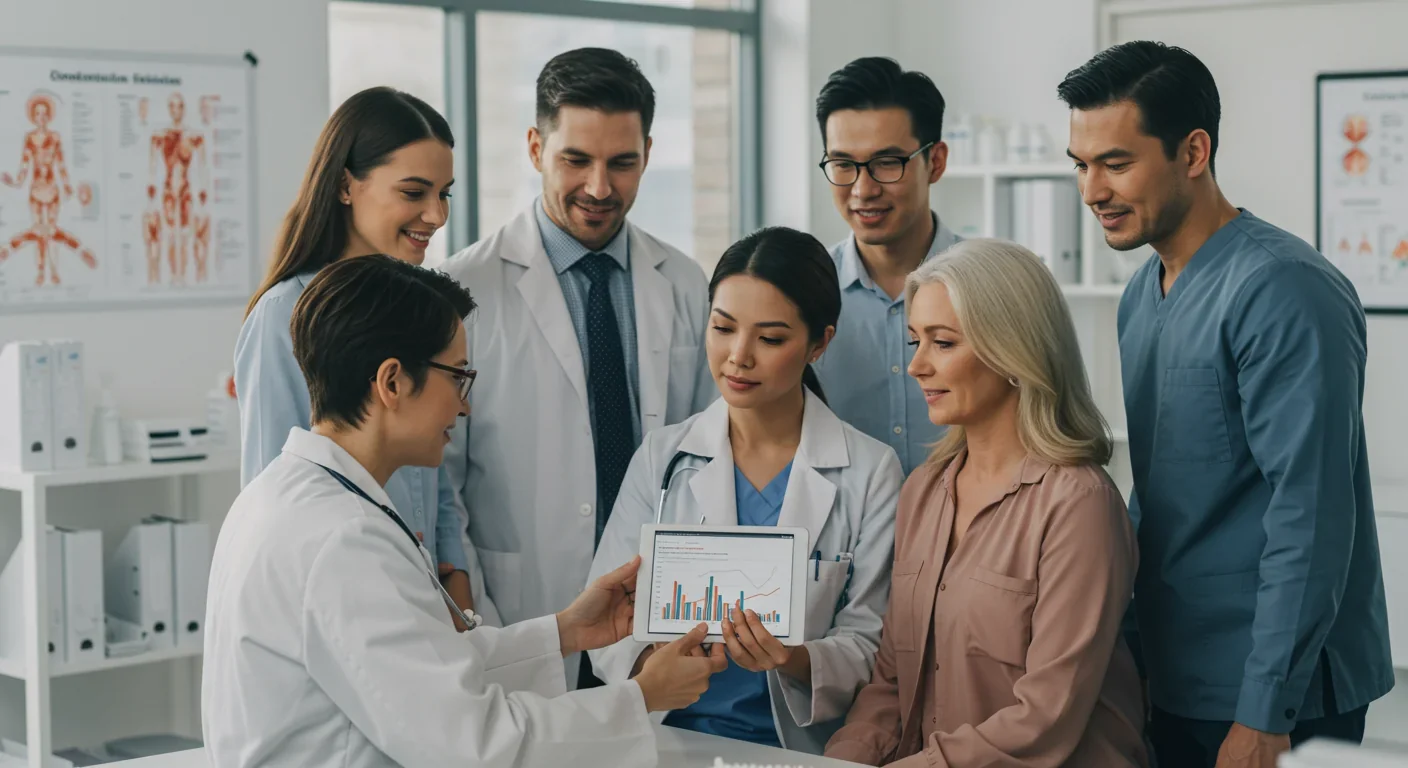 Doctor reviewing metabolic health biomarkers with patient during fasting consultation in modern clinic