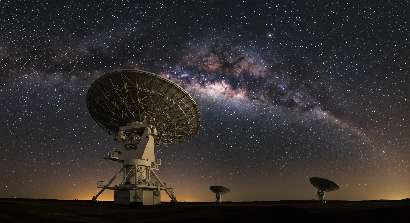 Radio telescope searching star-filled night sky for alien signals representing SETI's quest to solve the Fermi Paradox