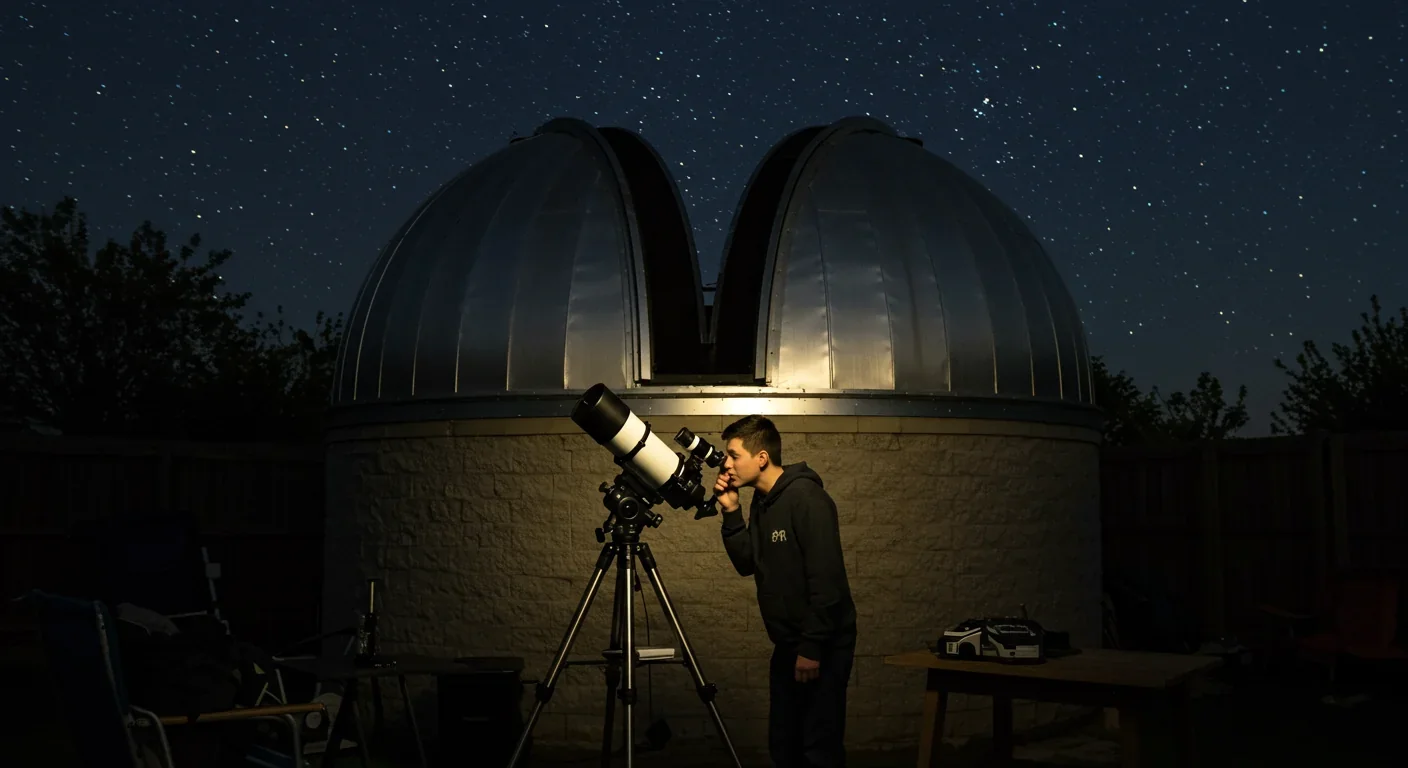 Amateur astronomer using telescope at night symbolizing humanity's individual and collective quest to understand our place in the cosmos