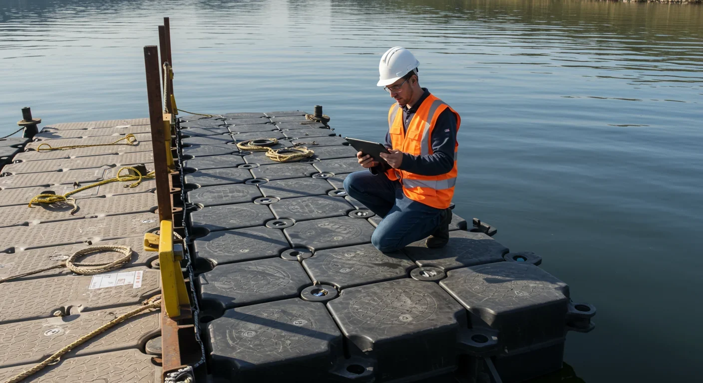 Marine engineer inspecting HDPE pontoons and modular connectors on floating platform