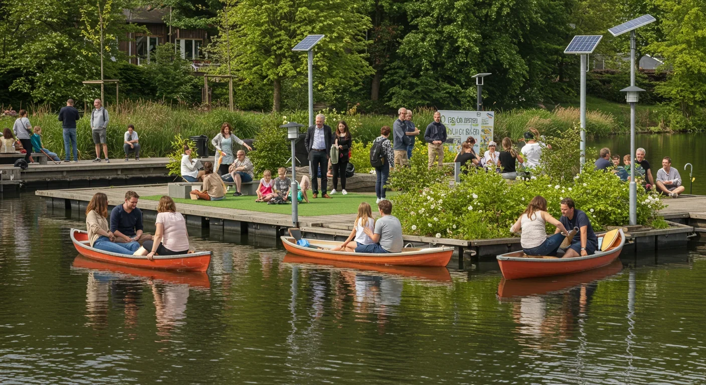 Diverse residents gathering in a floating park with solar-powered amenities and greenery
