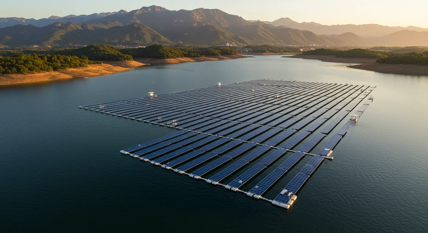 Floating solar panels covering a reservoir with mountains in the background at sunset