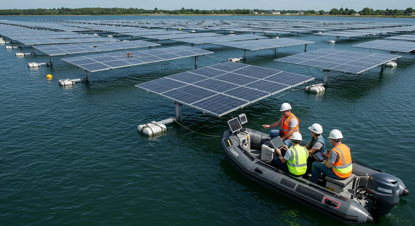 Engineers inspecting floating solar panels from a maintenance boat on a sunny day