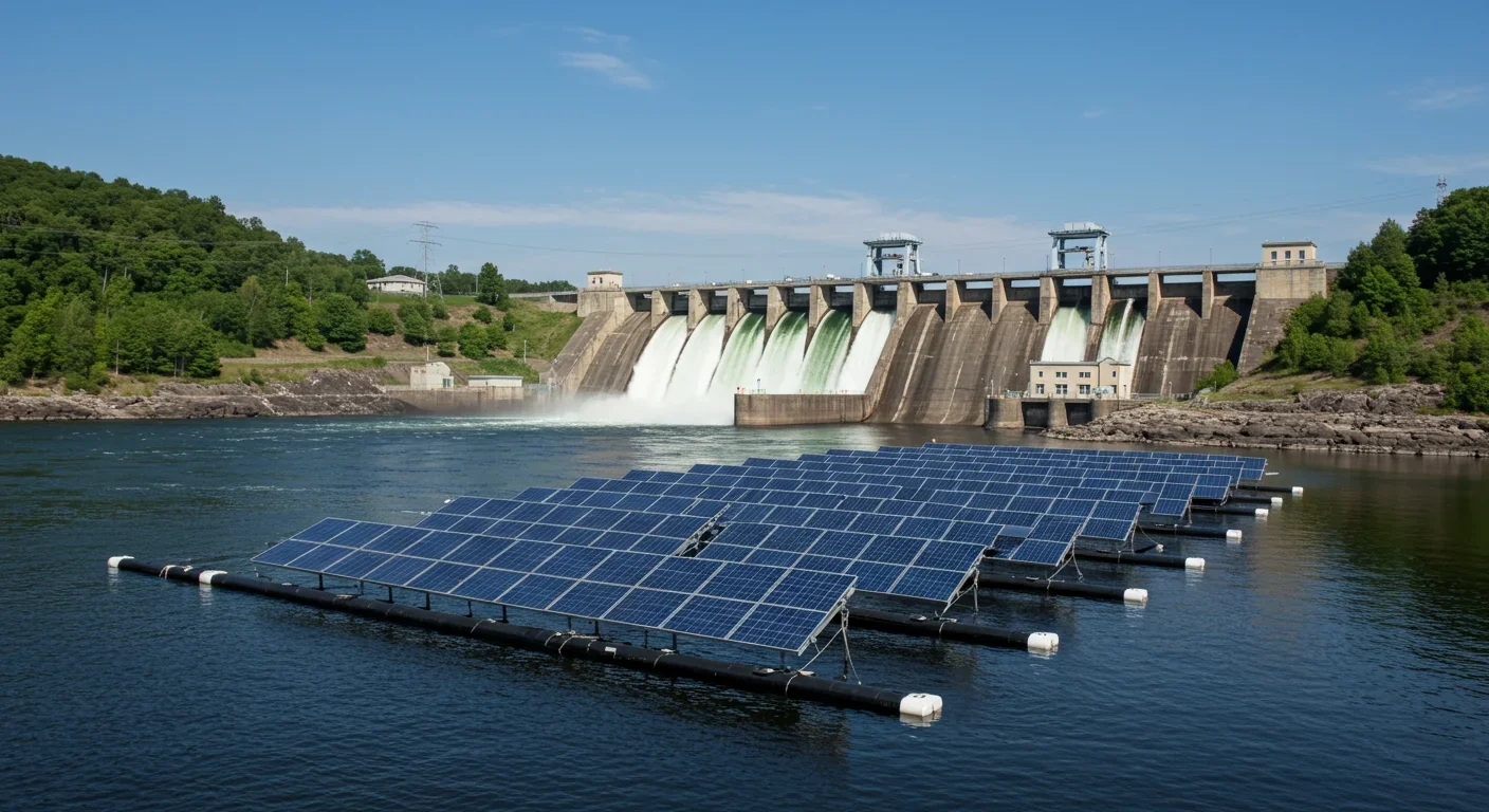 Hydroelectric dam with floating solar panels creating a hybrid renewable energy system