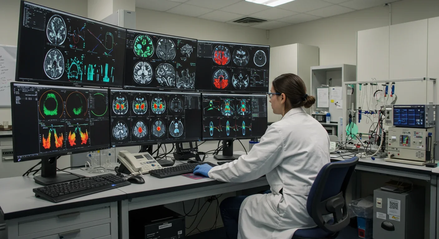 Neuroscientist analyzing brain scan images in modern laboratory with fMRI equipment