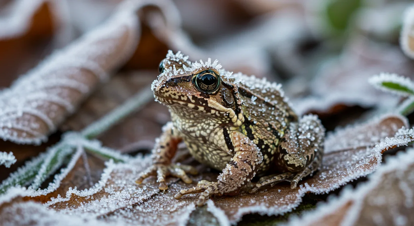 Wood frog covered in frost on frozen forest floor demonstrating natural freeze tolerance