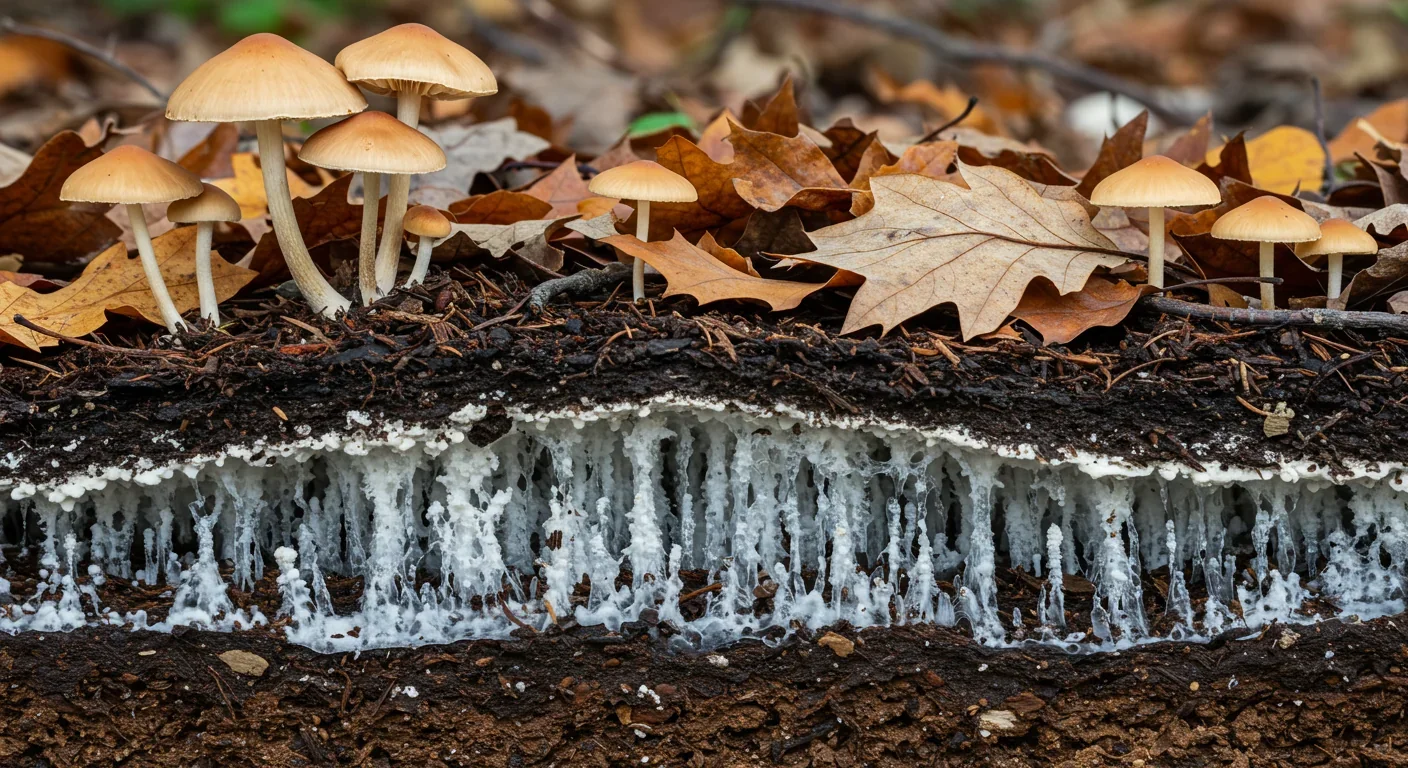 Underground fungal networks connecting tree roots in forest soil with visible white mycelia threads