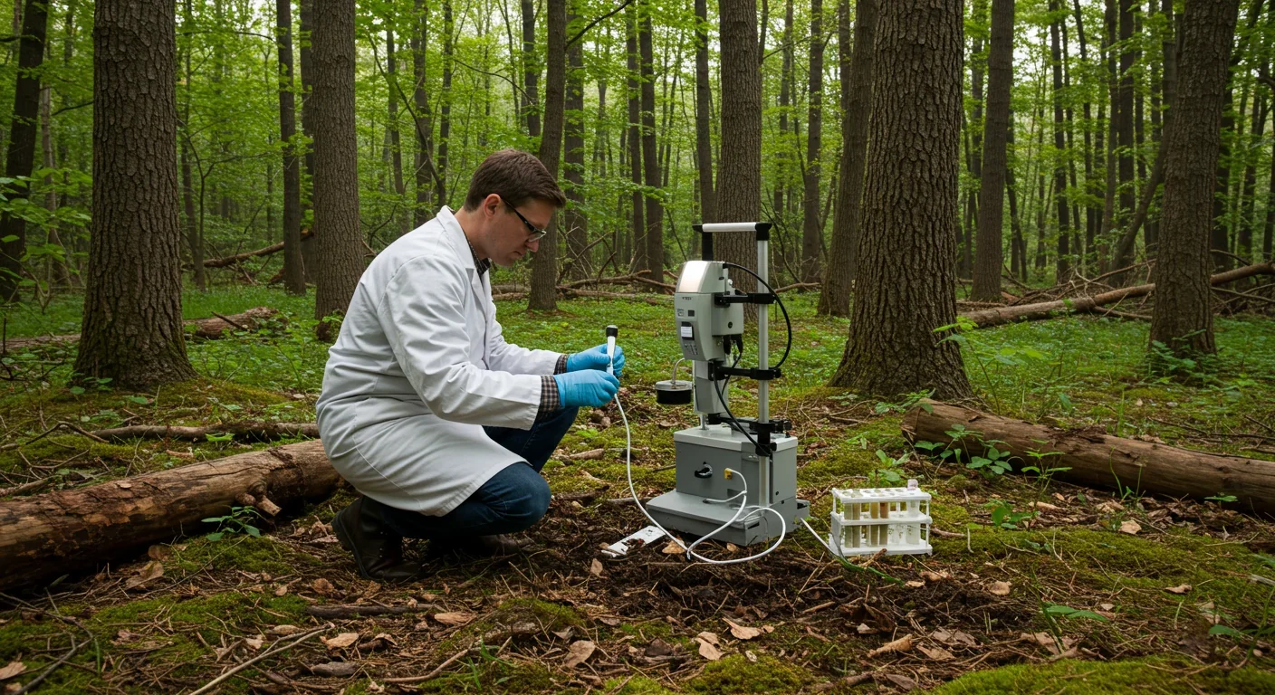 Forest researcher examining soil samples to study mycorrhizal networks between trees