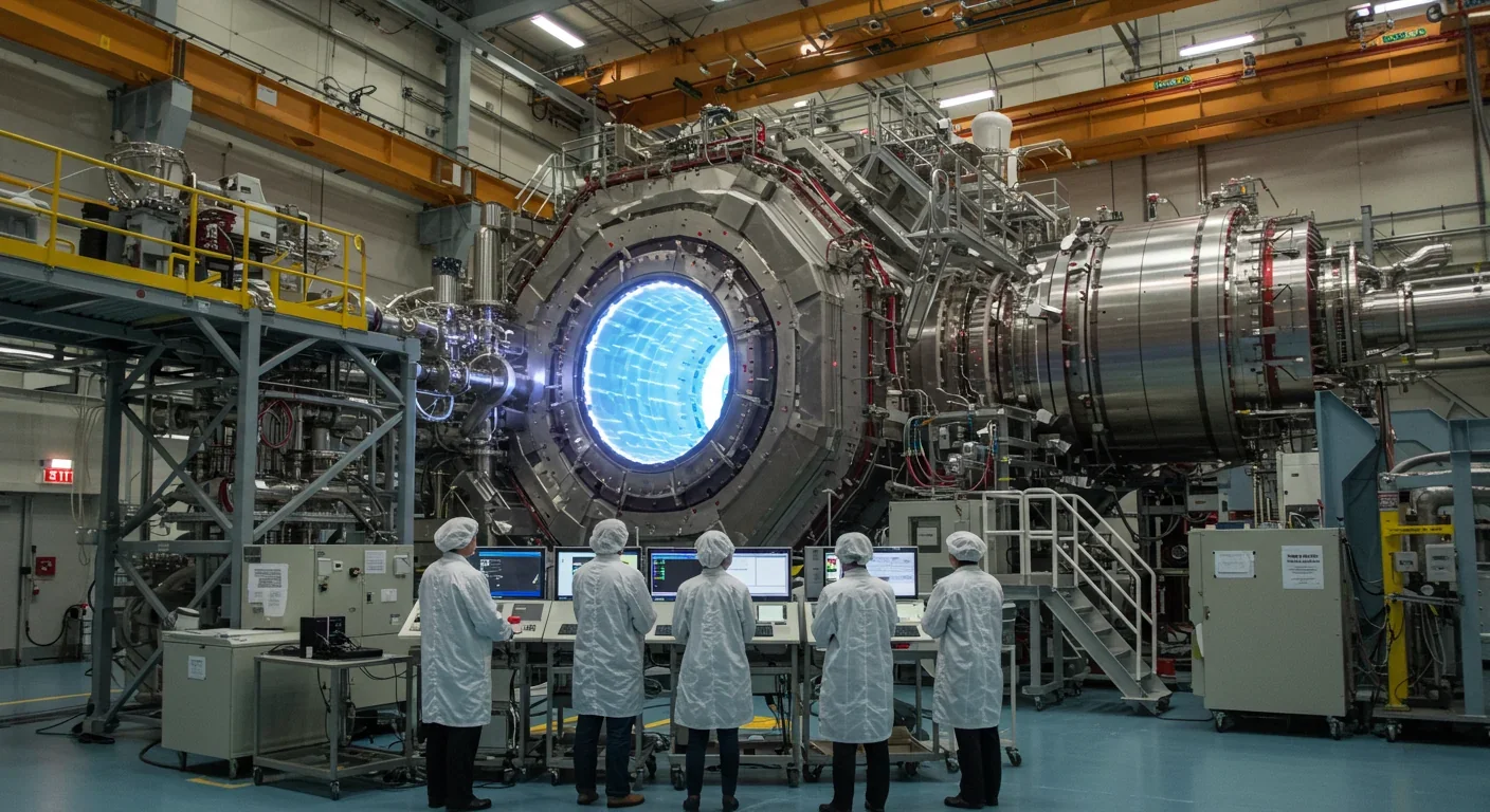 Fusion reactor with glowing blue plasma in modern laboratory with superconducting magnet coils