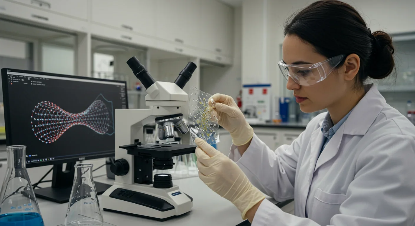 Researcher examining synthetic gecko adhesive with carbon nanotube arrays under microscope in lab