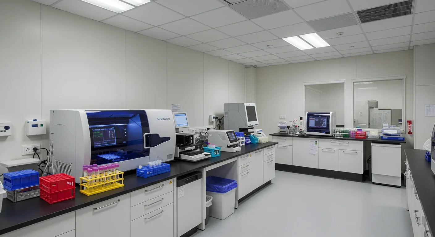 Modern genomic testing laboratory with DNA sequencing equipment for pharmacogenomic analysis