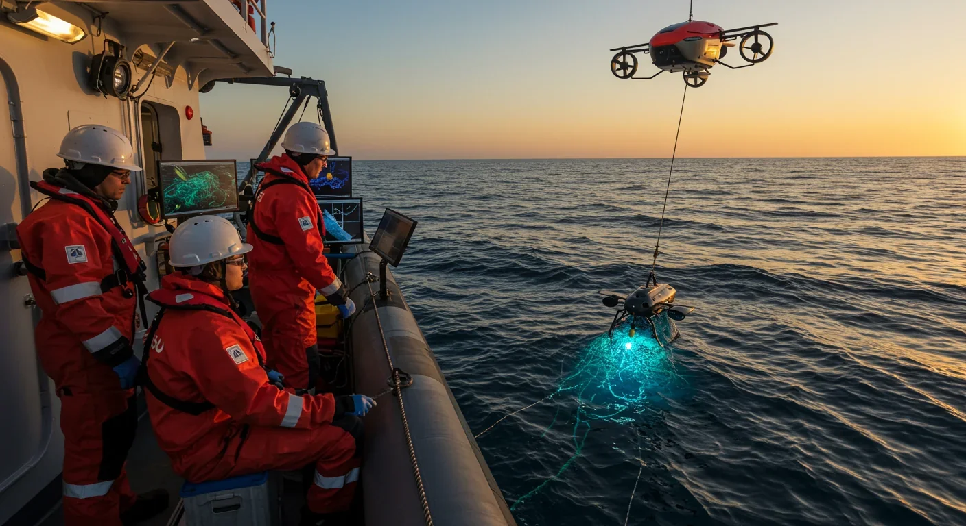 Marine researchers using underwater drone and sonar to detect abandoned fishing nets on ocean floor