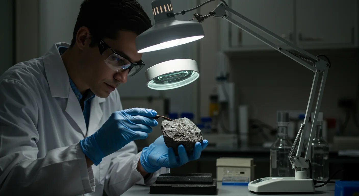 Scientist examining a lunar rock sample in a laboratory setting with specialized equipment for isotopic analysis