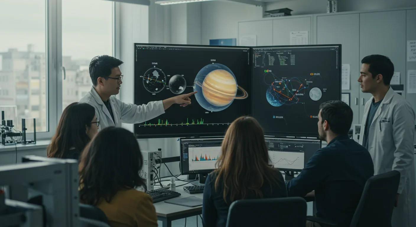 International team of planetary scientists analyzing computer simulations of the giant impact in a modern research laboratory