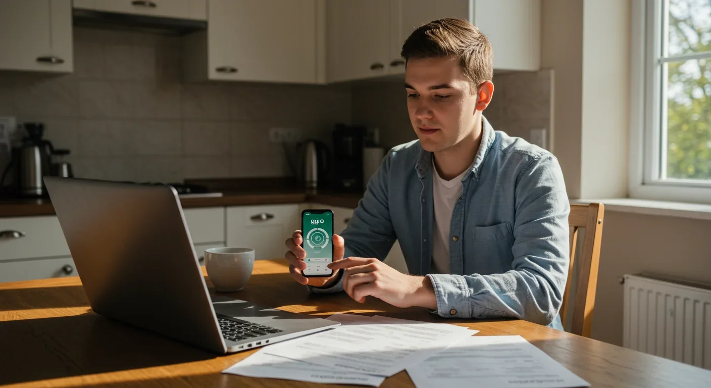 Gig worker reviewing earnings and expenses on laptop and smartphone at home office table with natural lighting