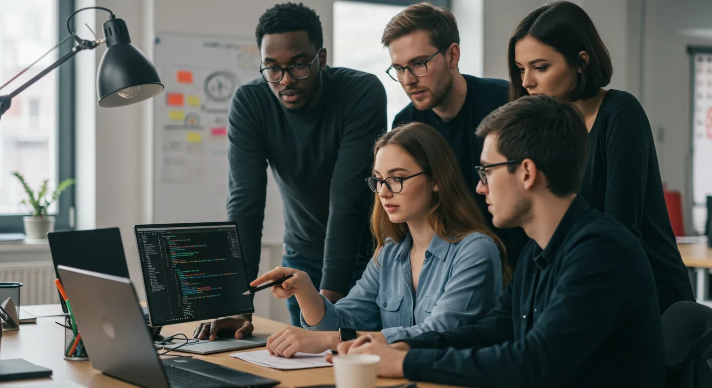 Development team collaborating on code review with AI coding assistant tools