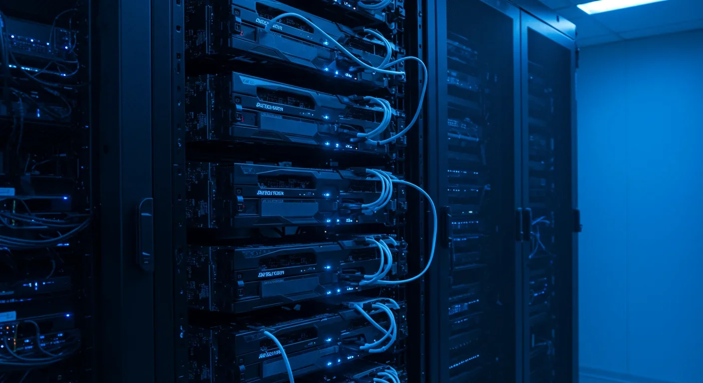 Data center server rack with multiple interconnected GPUs for AI training