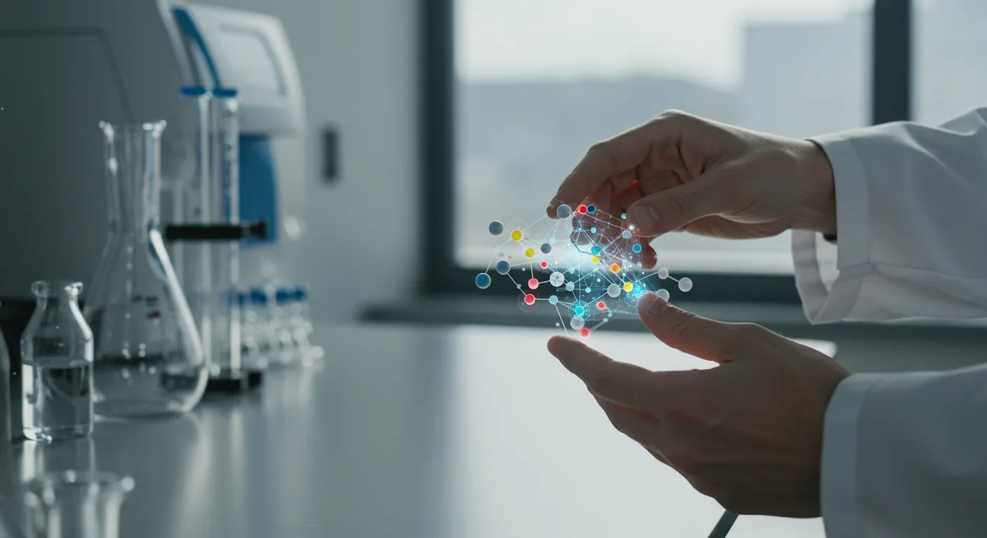 Scientist interacting with a holographic molecular model showing atom bonds and chemical structures in a pharmaceutical research lab