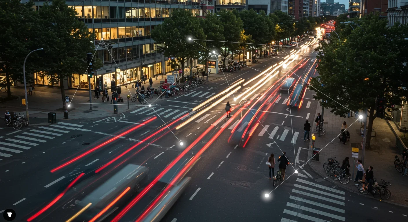 Urban intersection showing vehicles and pedestrians with network overlay visualizing traffic flow connections and patterns