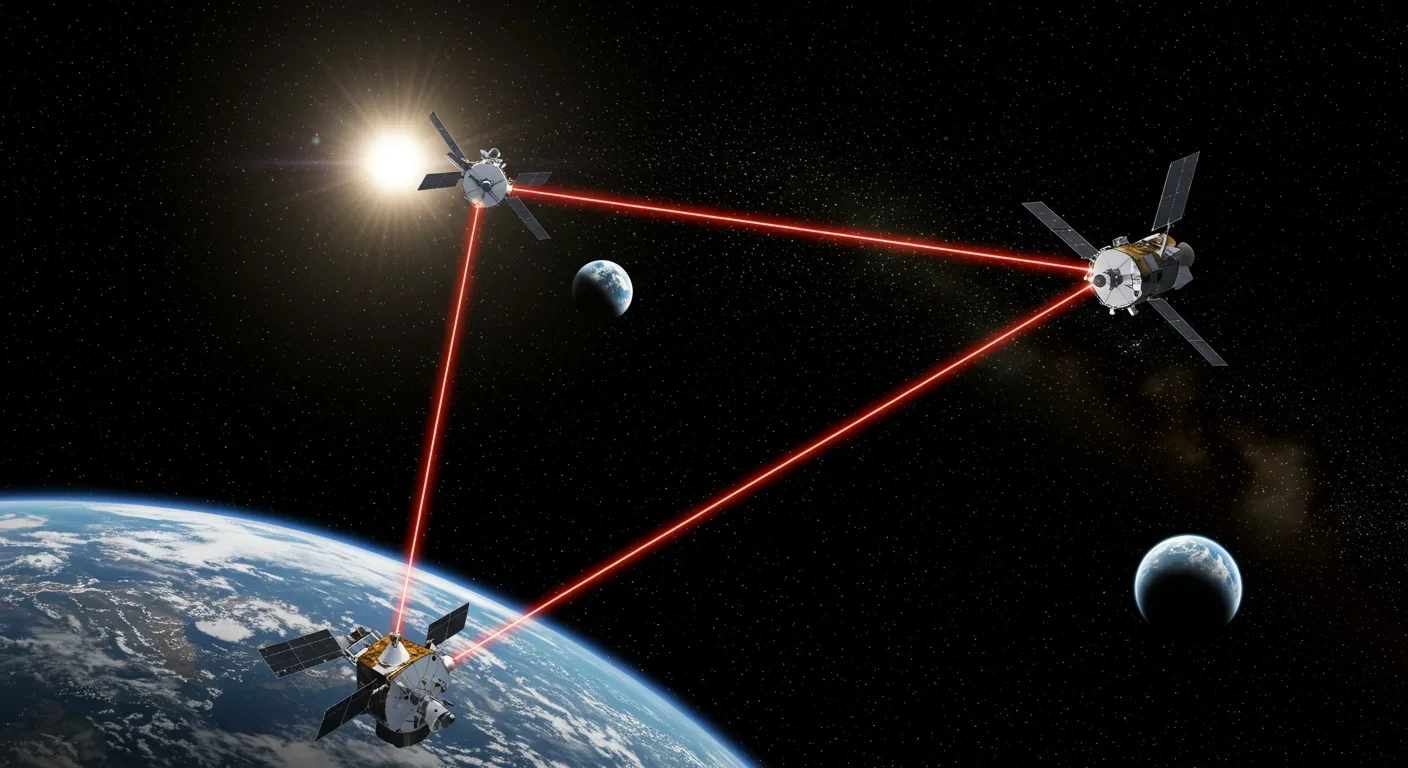 LISA space observatory concept with three spacecraft forming a triangular gravitational wave detector in solar orbit