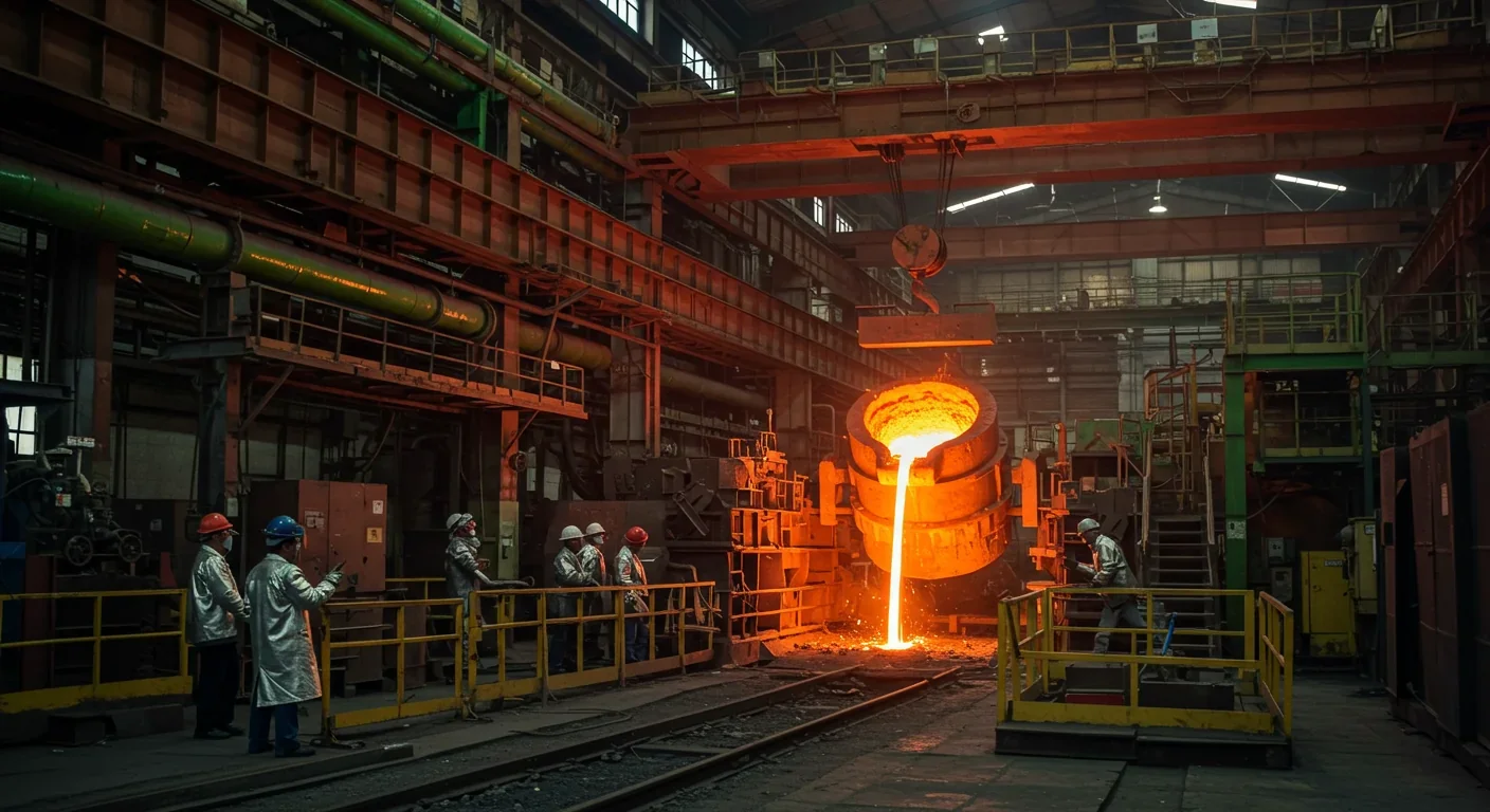 Interior of hydrogen-powered steel plant with molten metal pouring and green hydrogen infrastructure