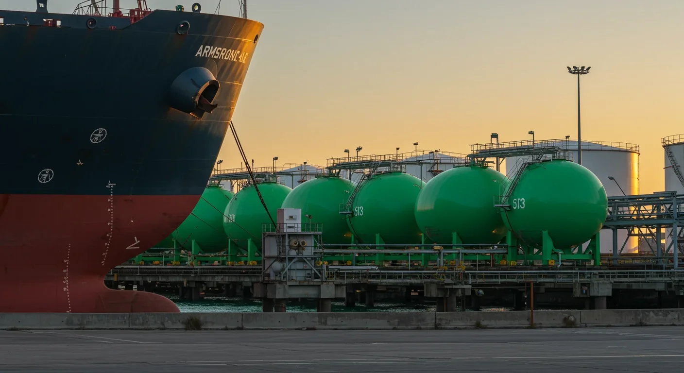 Cargo ship receiving green ammonia fuel at port terminal with storage infrastructure at sunset