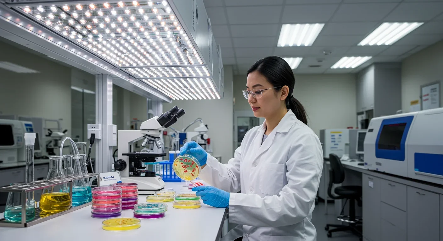 Medical researcher examining gut bacteria cultures in modern laboratory for microbiome therapy development