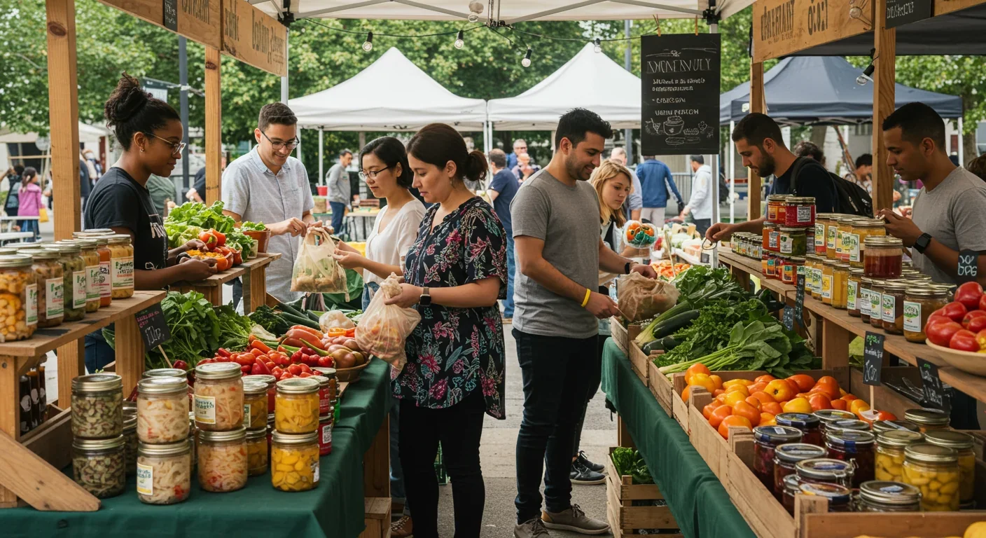 People choosing fresh produce and fermented foods at a vibrant farmers market