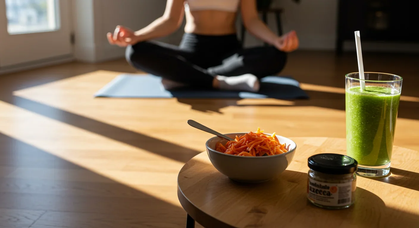 Person meditating in bright room with gut-healthy foods nearby for holistic wellness