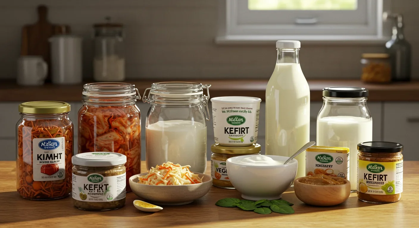 Assortment of fermented probiotic foods including kimchi, yogurt, and kefir on kitchen table
