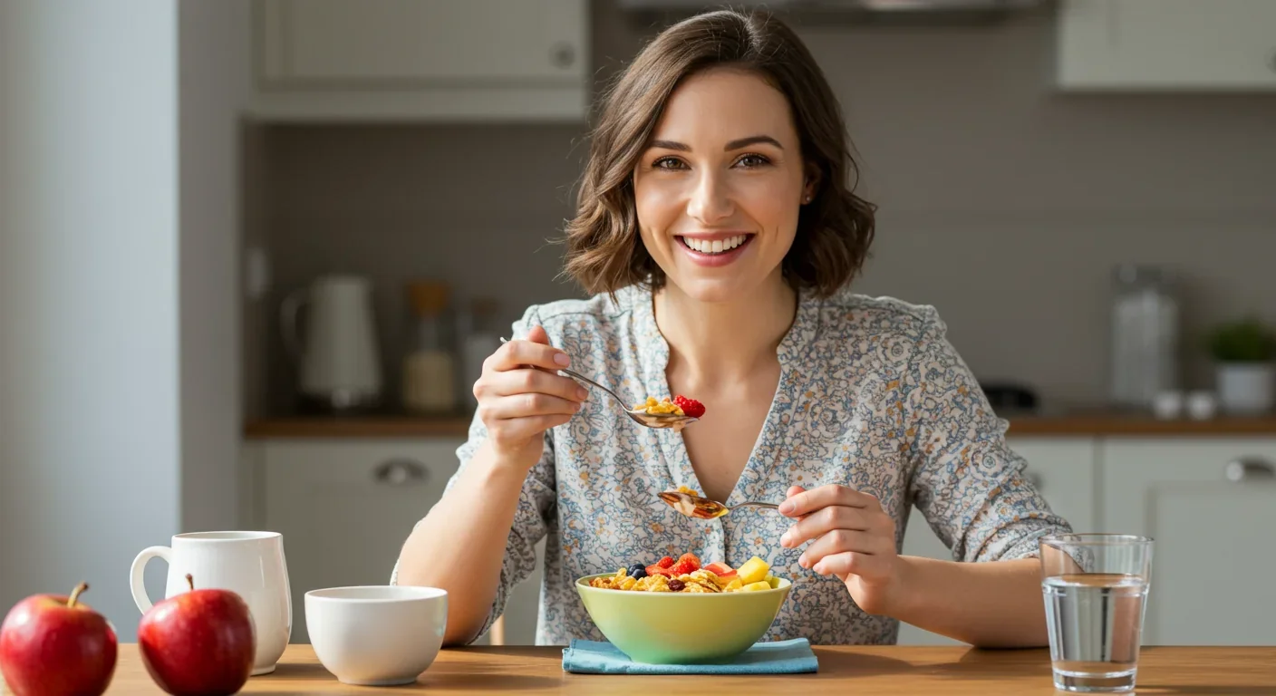 Woman enjoying fiber-rich breakfast with yogurt and whole grains for gut health