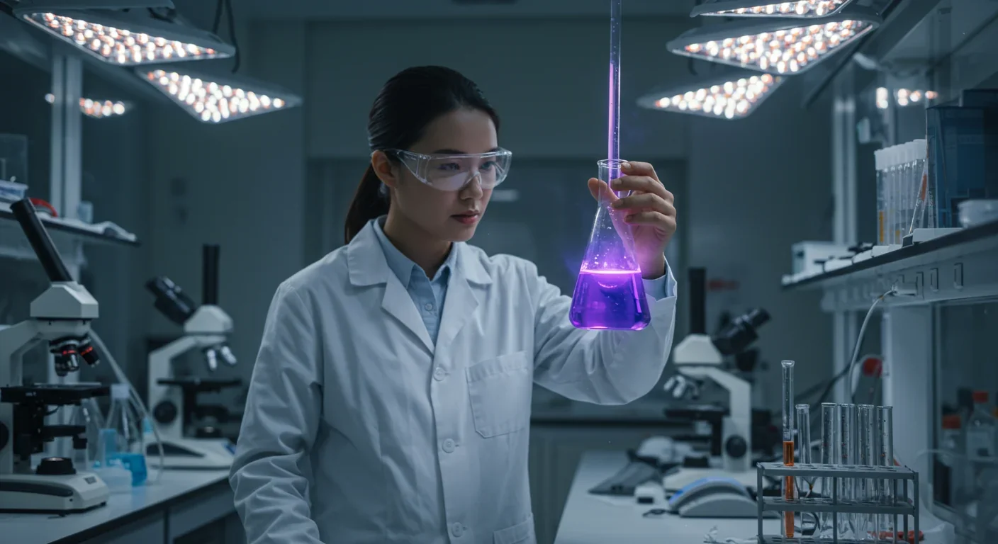 Scientist analyzing purple bacteriorhodopsin solution in modern microbiology laboratory