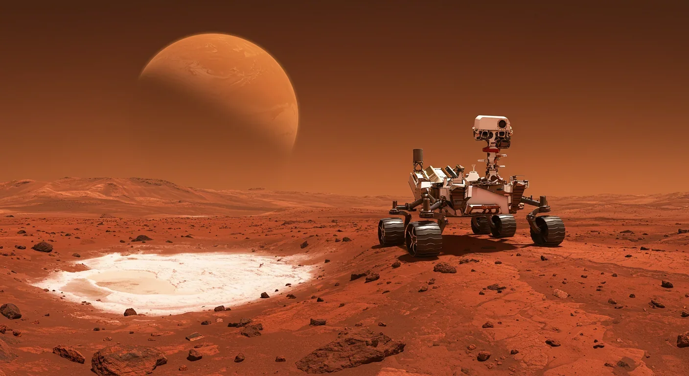 Mars exploration rover examining white salt deposits on the red Martian surface