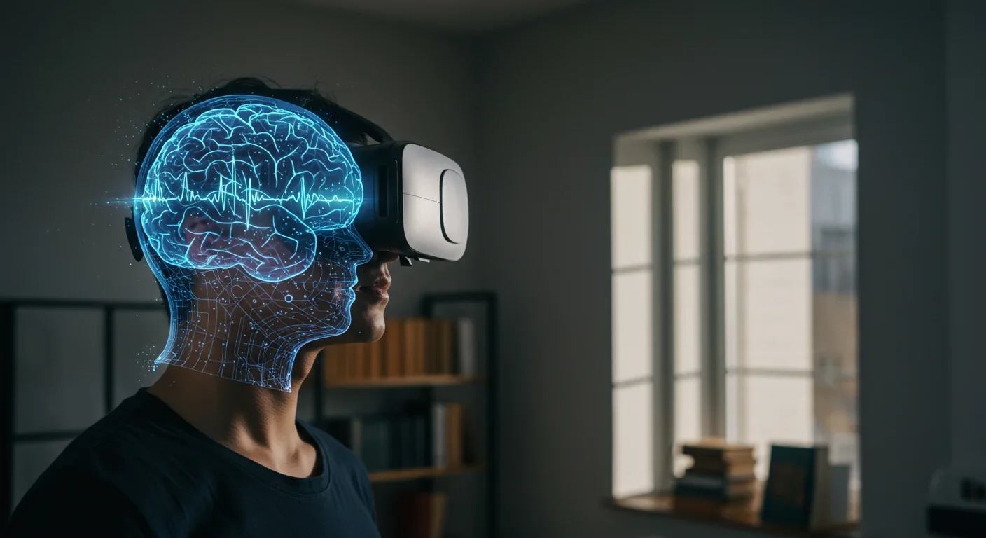 Person wearing VR headset with brain activity visualization exploring consciousness through technology