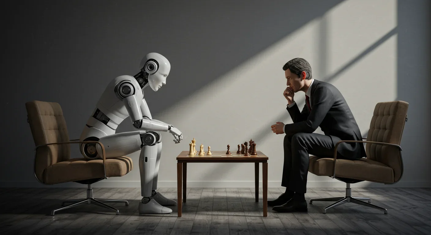 Humanoid robot and human facing each other in philosophical contemplation over a chess board