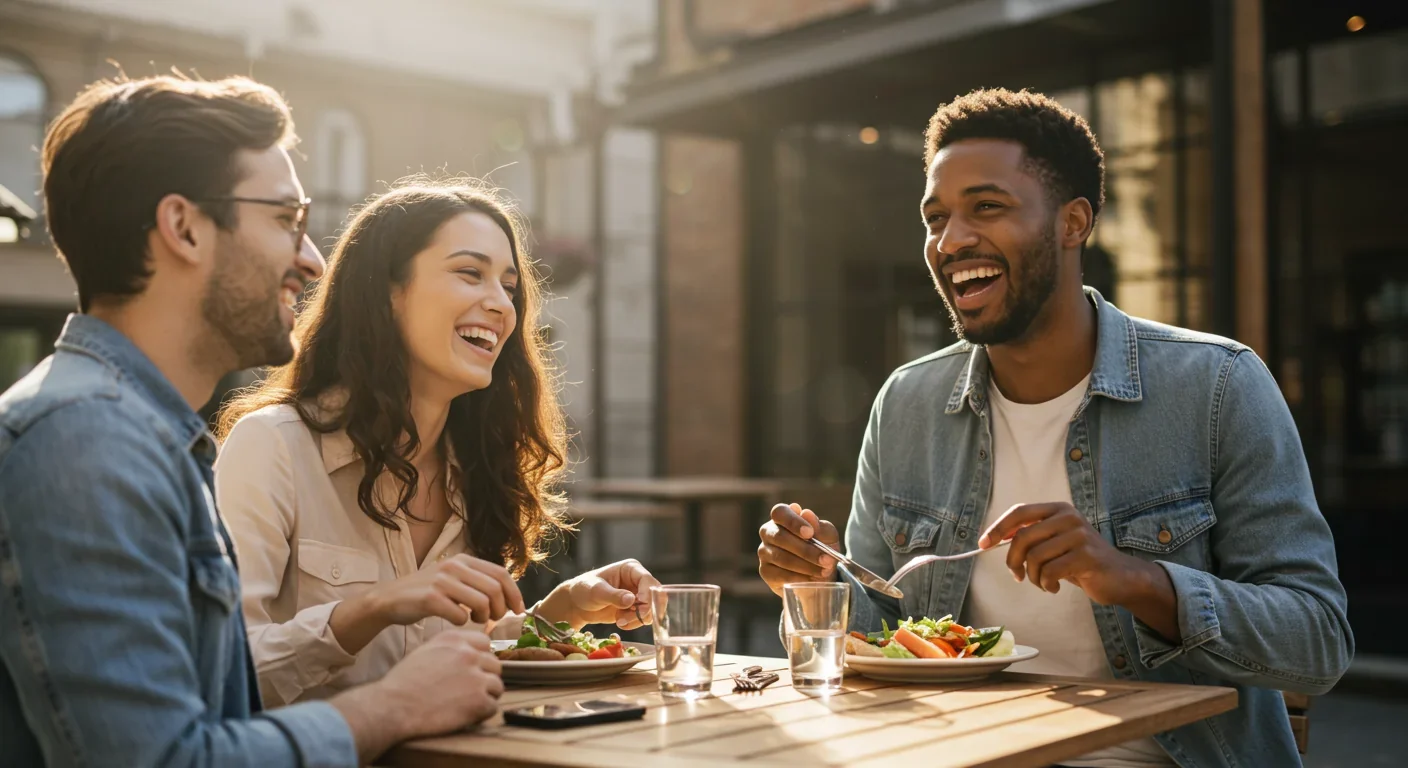 Two friends sharing a joyful meal outdoors, illustrating deep social connection