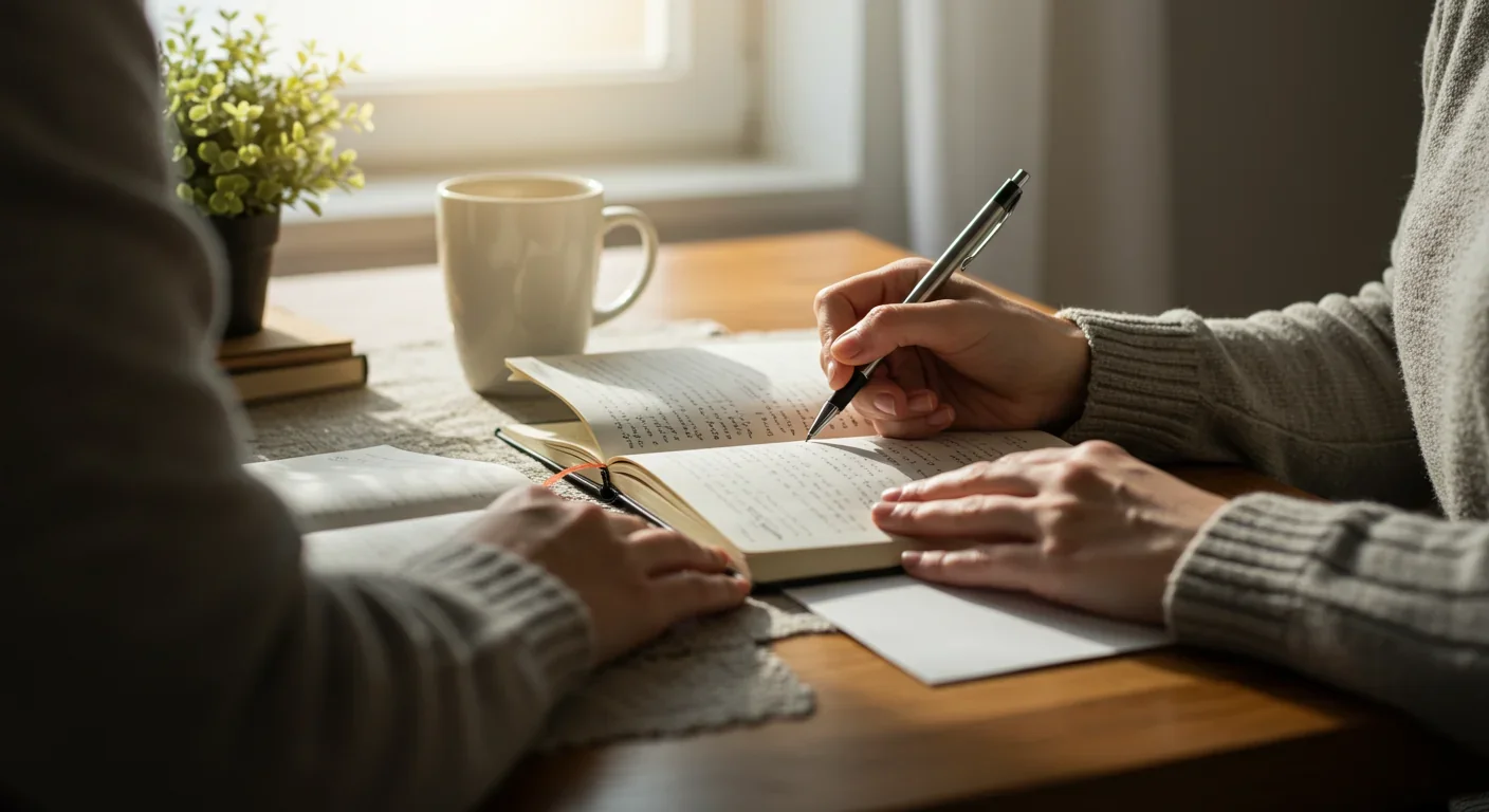 Person writing in gratitude journal at peaceful morning desk