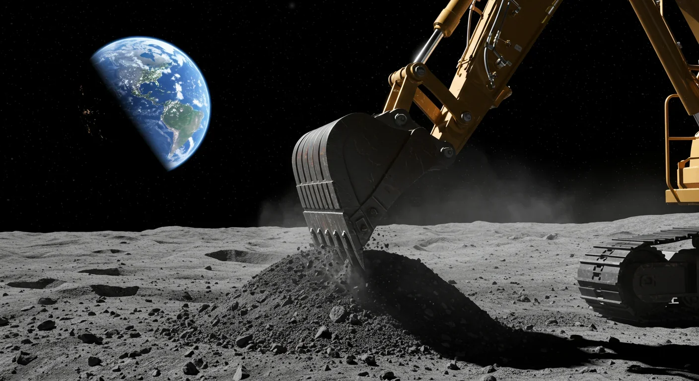 Robotic excavator mining lunar regolith with Earth visible in background